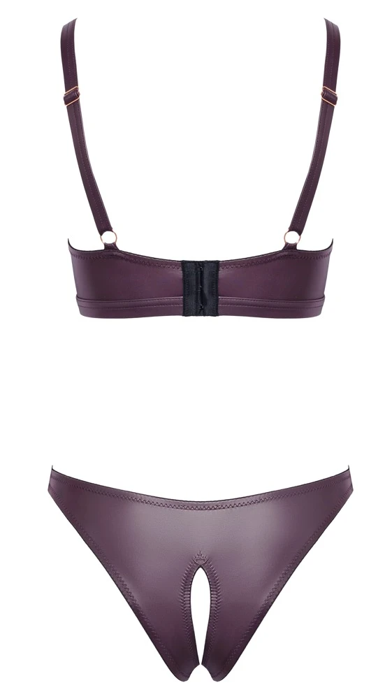 Cottelli LINGERIE Dessous-Set BH und Slip lila aufregender Wetlook Ouvert geschnitten