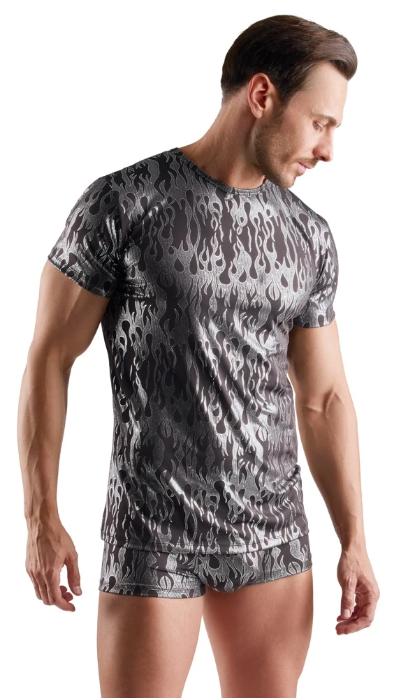 Kurzarm-Shirt Schwarz-Silber Svenjoyment im Mystic-Metallic-Look – hautnah betont, sexy schimmernd und elastisch für maskuline Ausstrahlung