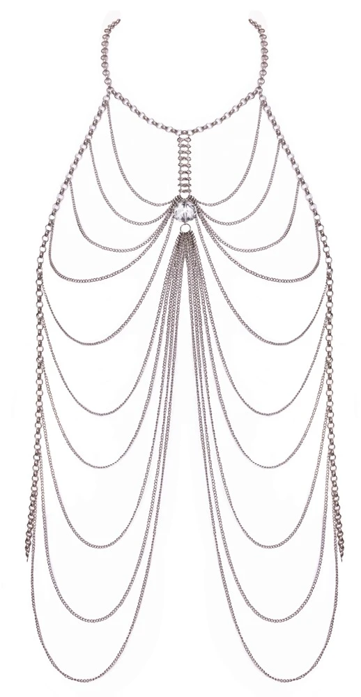 Körperkette silberfarben mit üppigem Kettchenbesatz und großem funkelnden Schmuckstein zwischen den Brüsten für einen glamourösen Look