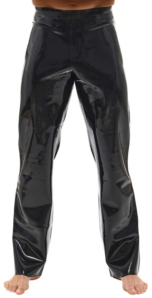 Latex-Hose Bootcut Schwarz-Rot im Kinky Racing-Look mit Seitenstreifen aus Premium-Latex für einen kraftvollen glänzenden Auftritt – LateX