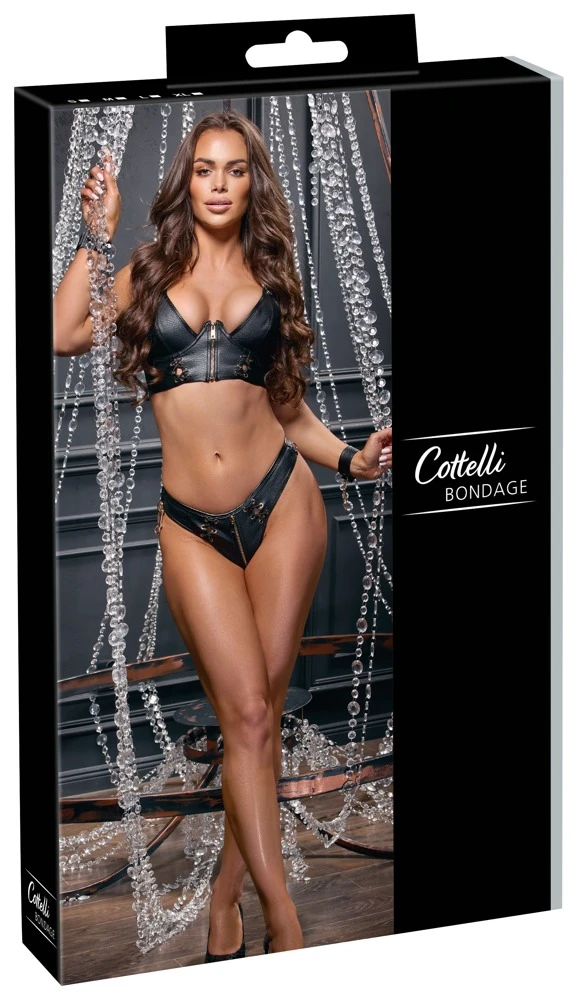 BH-Set aus Lederimitat - Cottelli BONDAGE - sexy Schwarz mit aufklappbaren Cups, Riostring, Soft-Handfesseln und goldfarbenen Details