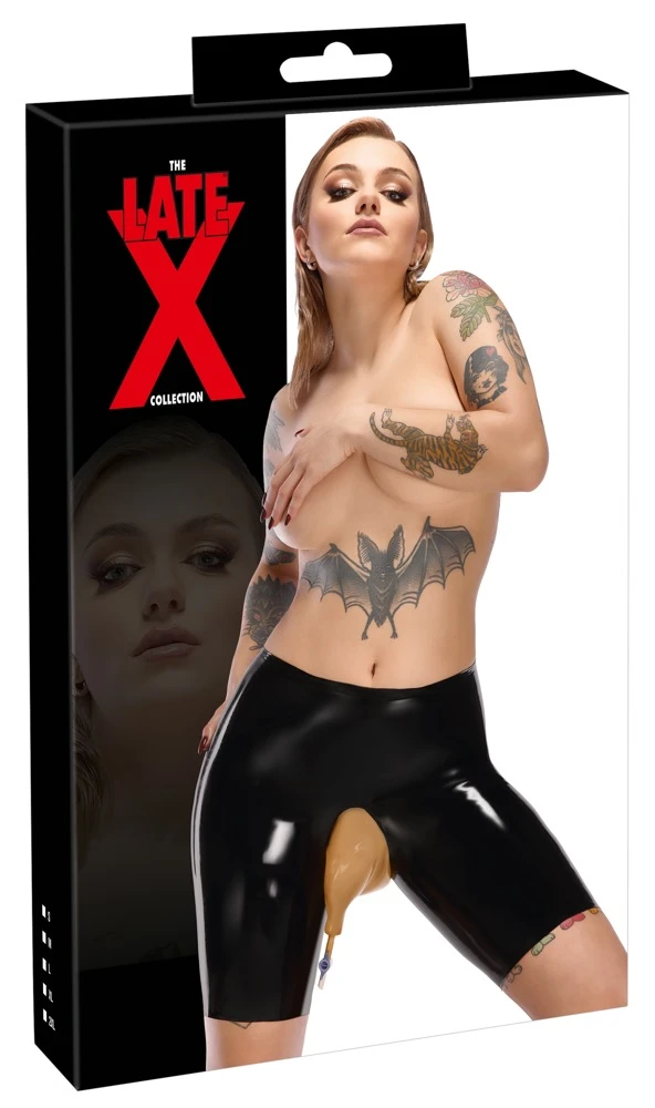 Latex Urin-Slip, Schwarze Latex-Radlerpants mit transparentem Urinbeutel-Einsatz und Ablasshahn 0,4 mm Stärke Latex Urin-Slip, Schwarze Latex-Radlerpants mit transparentem Urinbeutel-Einsatz und Ablasshahn 0,4 mm Stärke