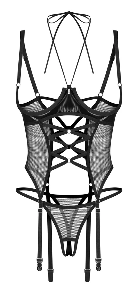 Busenfreies Strapshemd aus Wetlook und Netz mit verstellbaren Strapsen, dekorativer Zierschnürung, bindbarem Neckholder und passendem Ouvert-String Dominna von Obsessive