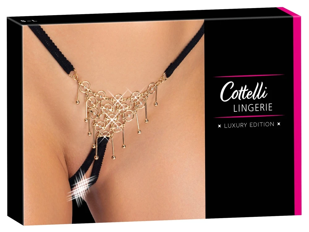String ouvert schwarz von Cottelli LINGERIE mit filigranem Schmuckgeflecht, Glitzersteinchen und verstellbarem Bund – luxuriöser, offener Schmuckstring aus weichen Stretchbändern