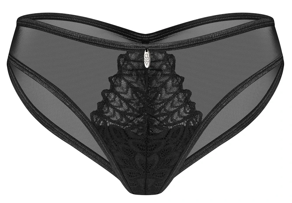 Obsessive Verführerisch geschnittener Slip in schwarzer Transparenz. Vorne mit aufwendigem Stickerei-Einsatz und kleinem Schmuckelement