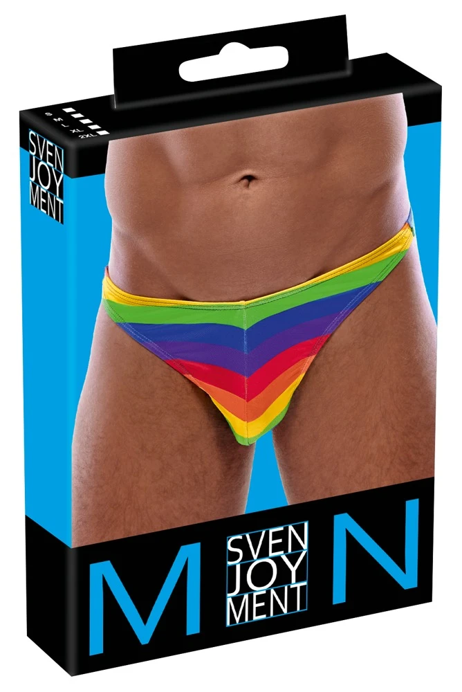 Riostring von Svenjoyment mit bunten Streifen in Regenbogenfarben. Rundum weich und elastisch für höchsten Tragekomfort