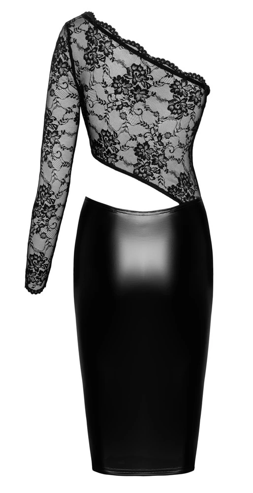 Noir F339 Asymmetrisches Kleid im Powerwetlook mit edlem Spitzen-Oberteil, knieumspielender Länge und hohem Tragekomfort