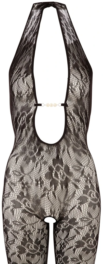 Schwarzer Catsuit aus filigran gearbeitetem Netz, mit Neckholder und drei Perlen am Dekolleté.