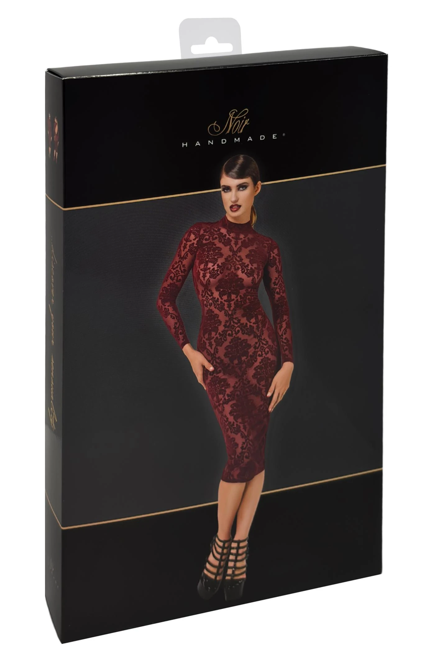 F384 halblanges Flockkleid Kinky Royal aus weichem elastischem Tüll mit floraler Flockstickerei, tiefem Rückenausschnitt und Hakenverschluss am Kragen – knielanges Design, das deine Kurven betont – von Noir Handmade