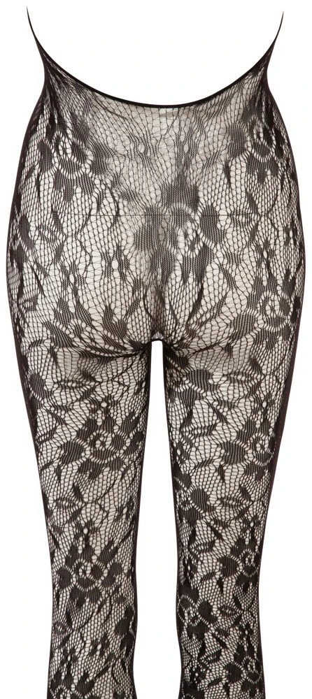 Schwarzer Catsuit aus filigran gearbeitetem Netz, mit Neckholder und drei Perlen am Dekolleté.