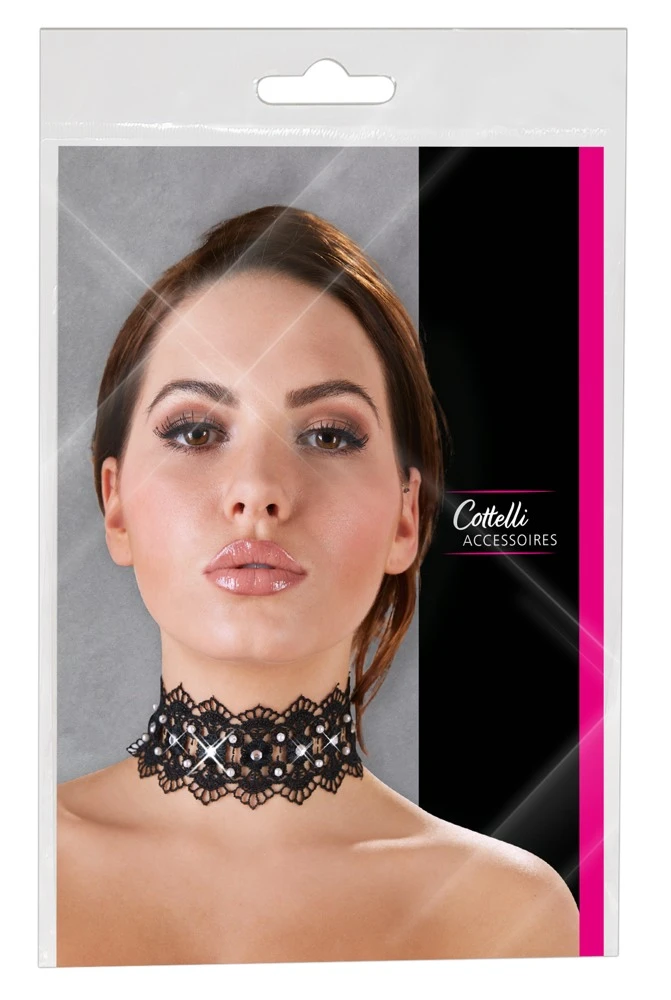 Cottelli Elegantes Schwarzes Halsband: Verziert mit Perlen, Strasssteinen und Satinschleife