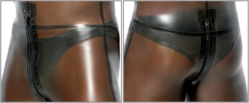 Latex Herren Overall,  in rauchgrauer Transparenz - hautenge Eleganz mit Schulterreißverschlüssen und praktischem Reißverschluss im Schritt