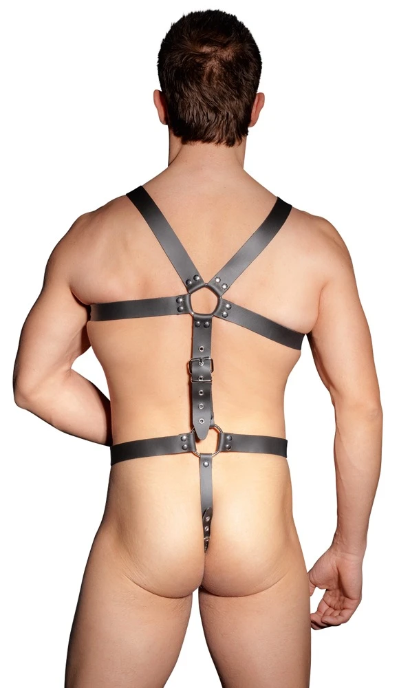 Harness aus schwarzen, nietenbesetzten Lederriemen und stählernen Verbindungsringen. Mehrfach mit Schnallenverschlüssen verstellbar.