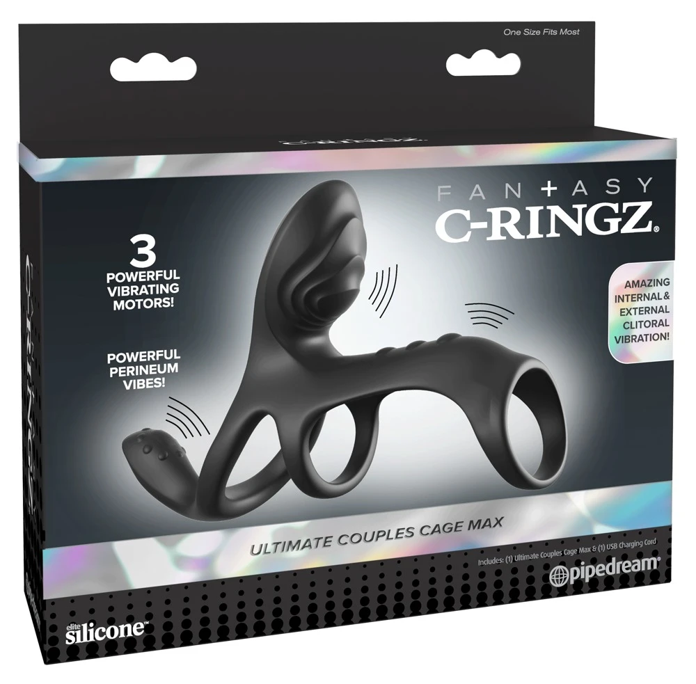 FCR Couples Cage Max Black, Penismanschette mit Hodenring und Vibration – Ultimate Couples Cage Max mit 3 Motoren 7 Modi für Eichel Damm Klitoris