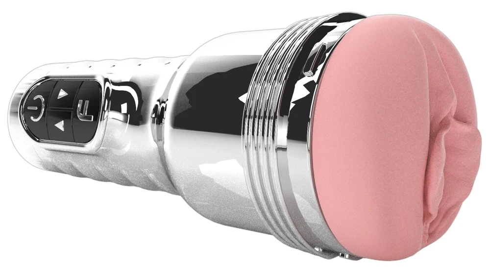 Fleshlight Pink Quiver, Fleshlight Quiver Masturbator Chrom-Optik mit Vulva/Vagina – 2 Motoren, Wärmefunktion, 10 Vibrationsmodi, Superskin Sleeve für intensives echtes Feeling