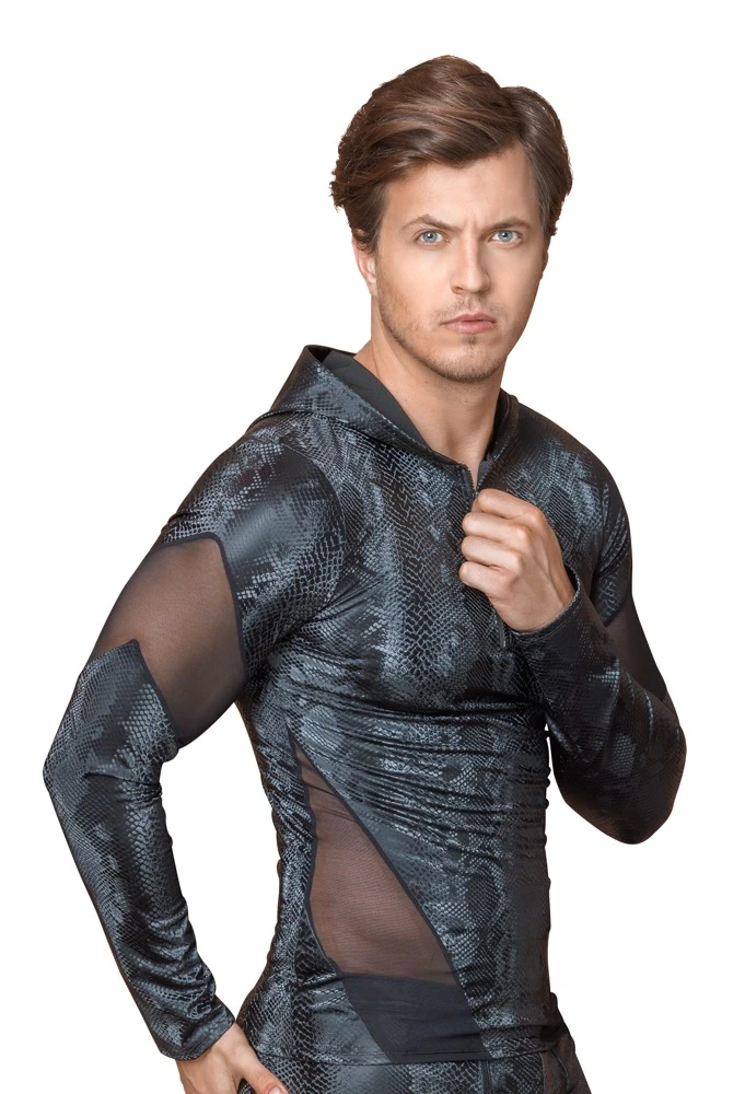 Trendiges Langarm-Shirt von NEK in mattglänzend schillernder Schlangenhaut-Optik mit schwarzen Powernt-Einsätzen.