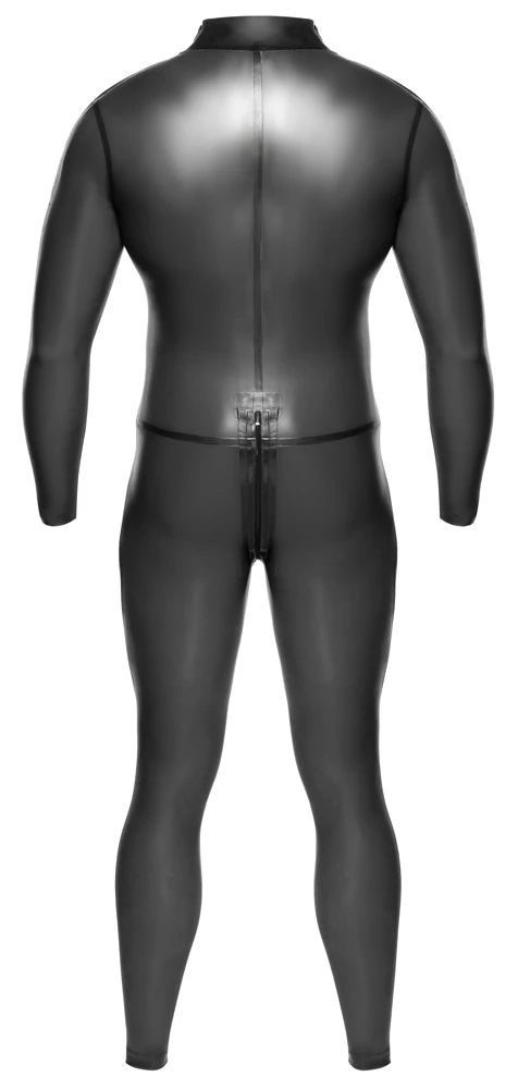 Latex Herren Overall,  in rauchgrauer Transparenz - hautenge Eleganz mit Schulterreißverschlüssen und praktischem Reißverschluss im Schritt
