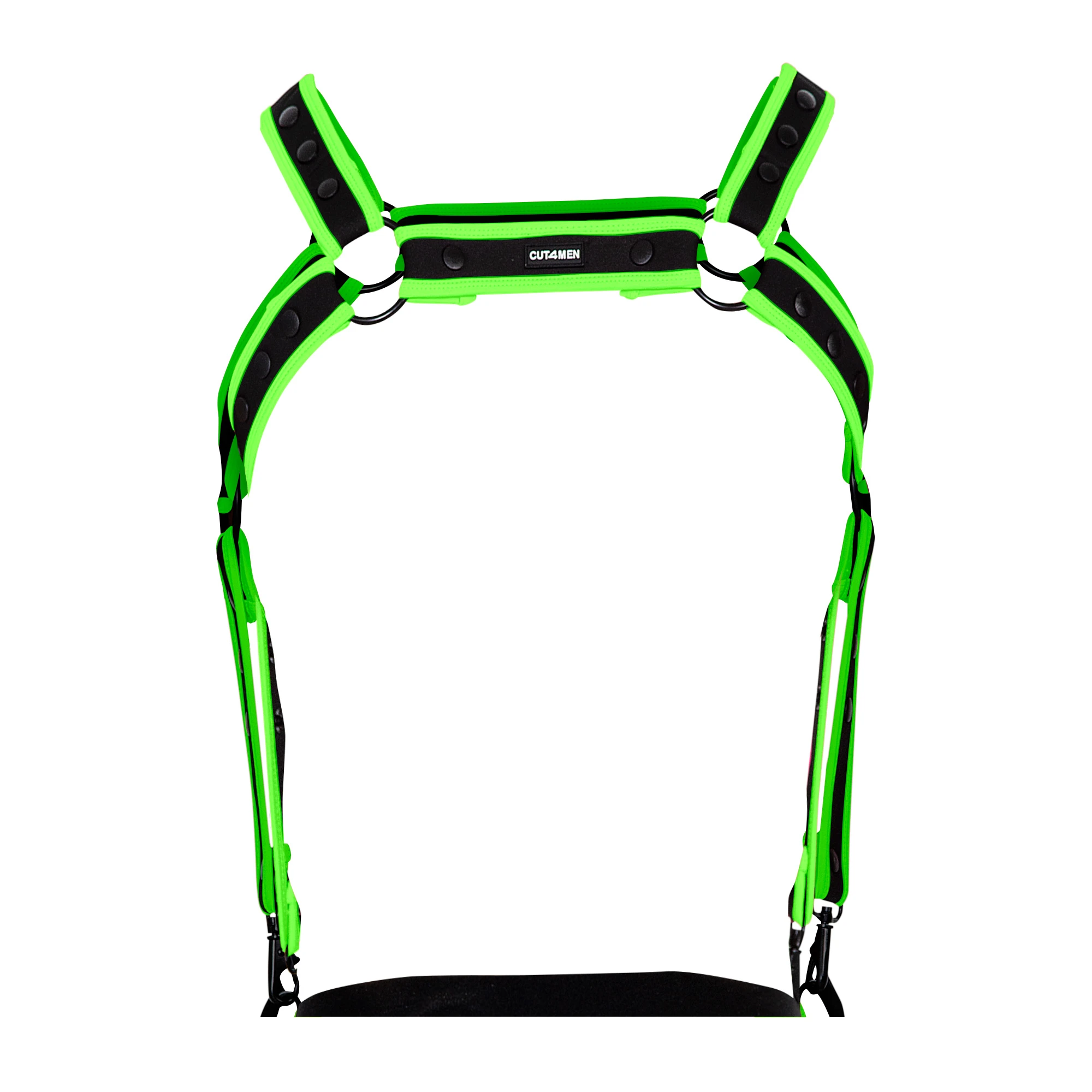 Schwarz-Grüner Brust-Harness 05 von Cut4Men: Neopren, Metallringe und verstellbare Passform für flexiblen Tragekomfort