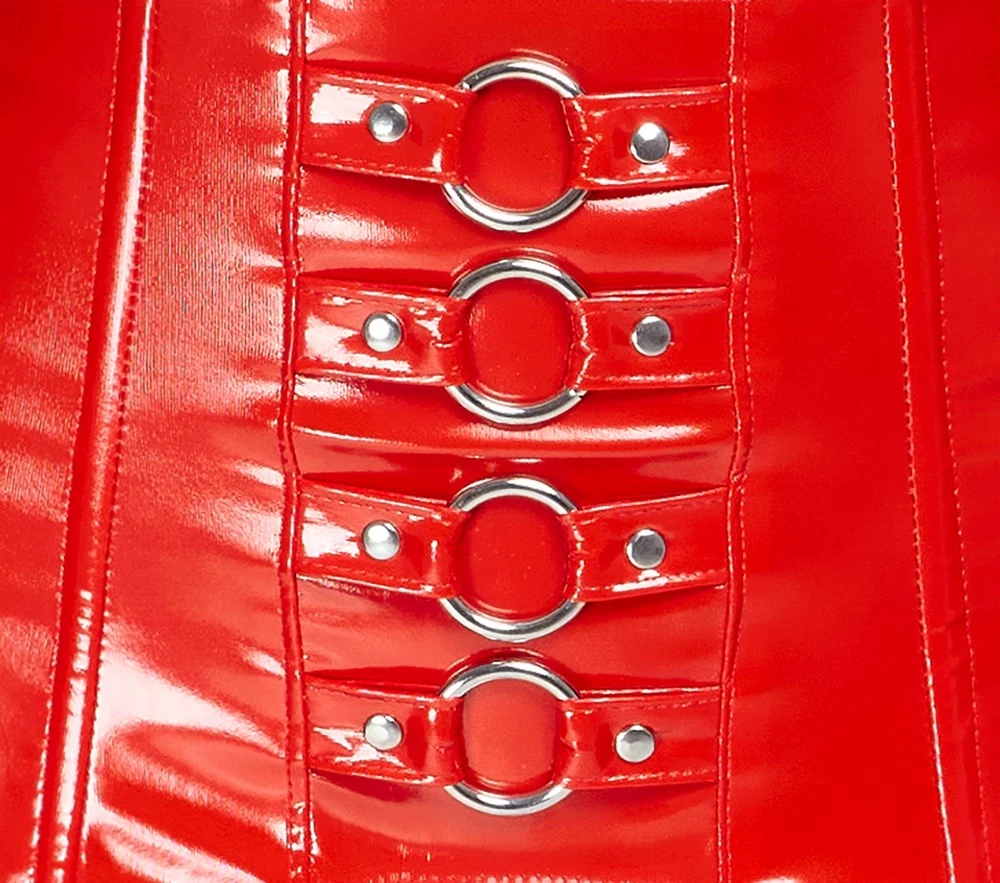 Lack Straps, Feuriger, extrabreiter Kinky Lack-Strapsgürtel mit silbernen Ringen und verstellbaren Strumpfhaltern für perfekte Passform Lack Straps, Feuriger, extrabreiter Kinky Lack-Strapsgürtel mit silbernen Ringen und verstellbaren Strumpfhaltern für perfekte Passform