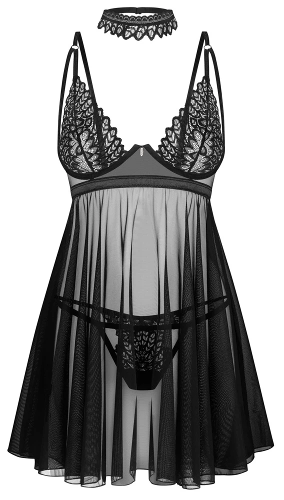 Obsessive Schwarzes 3-teiliges Set mit Babydoll, String und Halsband. Aus feinem Stretchtüll mit aufwendigen Stickerei-Einsätzen. Rundum weich und elastisch.