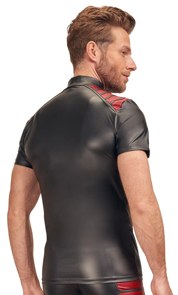 Schwarzes Shirt von NEK im trendigen Mattlook mit roten Streifen-Einsätzen auf der Schulterpartie.