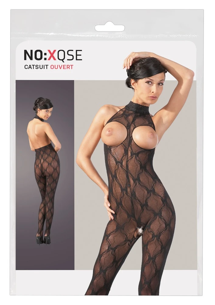 Busenfreier Catsuit aus anschmiegsamer Effekt-Spitze mit Neckholder, der per Klettverschluss zu öffnen ist.