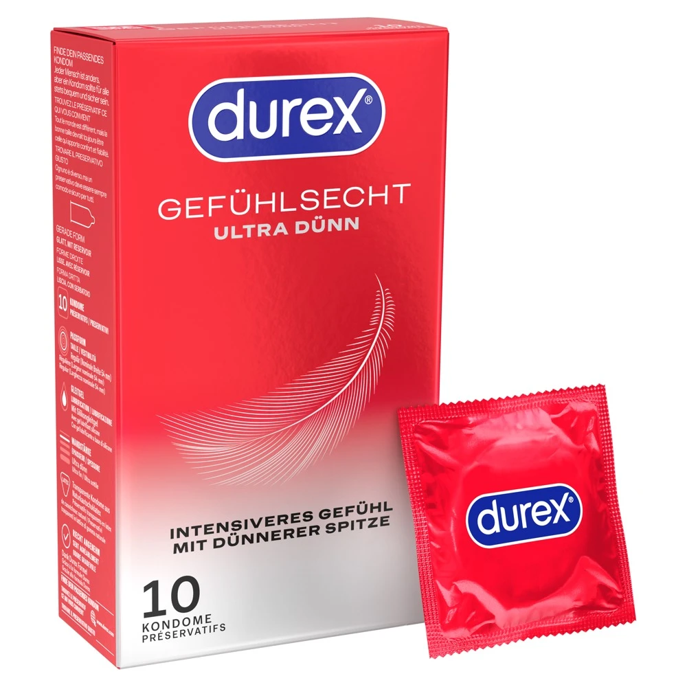Durex Gefühlsecht Ultra Dünn 10er, Maximale Nähe spüren: Transparente Kondome mit extra dünner Spitze und Silikongleitgel für besonders gefühlsechte Momente