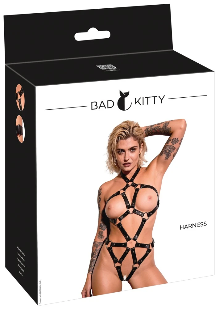 Bad Kitty Metall Harness, Busenfreier Riemenbody in edler Lederoptik mit Neckholder, offenem Schritt und Riemendesign sexy Dessous Bad Kitty