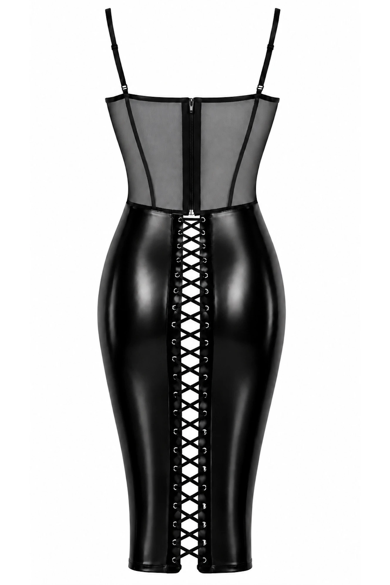 Midikleid Kinky aus Tüll und Powerwetlook - Noir Handmade F408 Do Not Disturb - sexy in Schwarz mit Schnürdetails und dünnen Trägern
