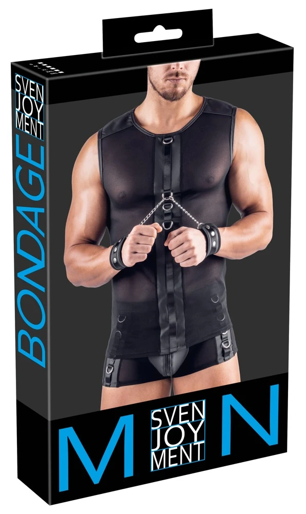 Svenjoyment Bondage Netz-Shirt – ärmellos & elastisch im schwarzen Mattlook mit Fesselringen vorne & hinten inkl. Soft-Handfesseln mit Karabinerketten für heiße Bondage-Action