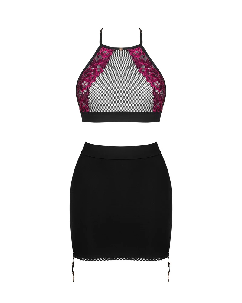 Obsessive Top und Straps-Rock im Set Rosenty, das Dekolleté und Po mit weichem Netz und feiner pinkfarbener Rosenspitze in sehr verführerische Szene setzt