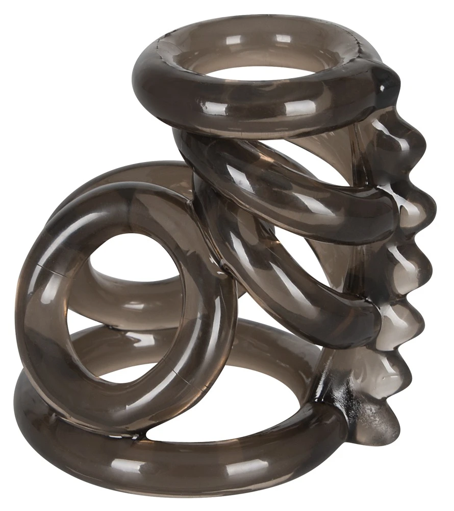 Rauchfarbener Penis-Hoden-Ring mit ingesamt sechs Ringen, die an einem genoppten Steg befestigt sind.