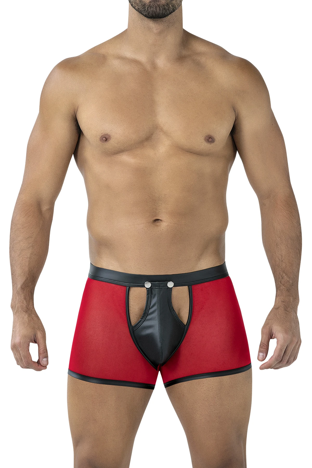 Roter Sheer Boxer C4MRAV101 aus feinem dehnbarem Netz mit glattem Bund und aufklappbarem Suspensorium durch Druckknöpfe von CUT4MEN