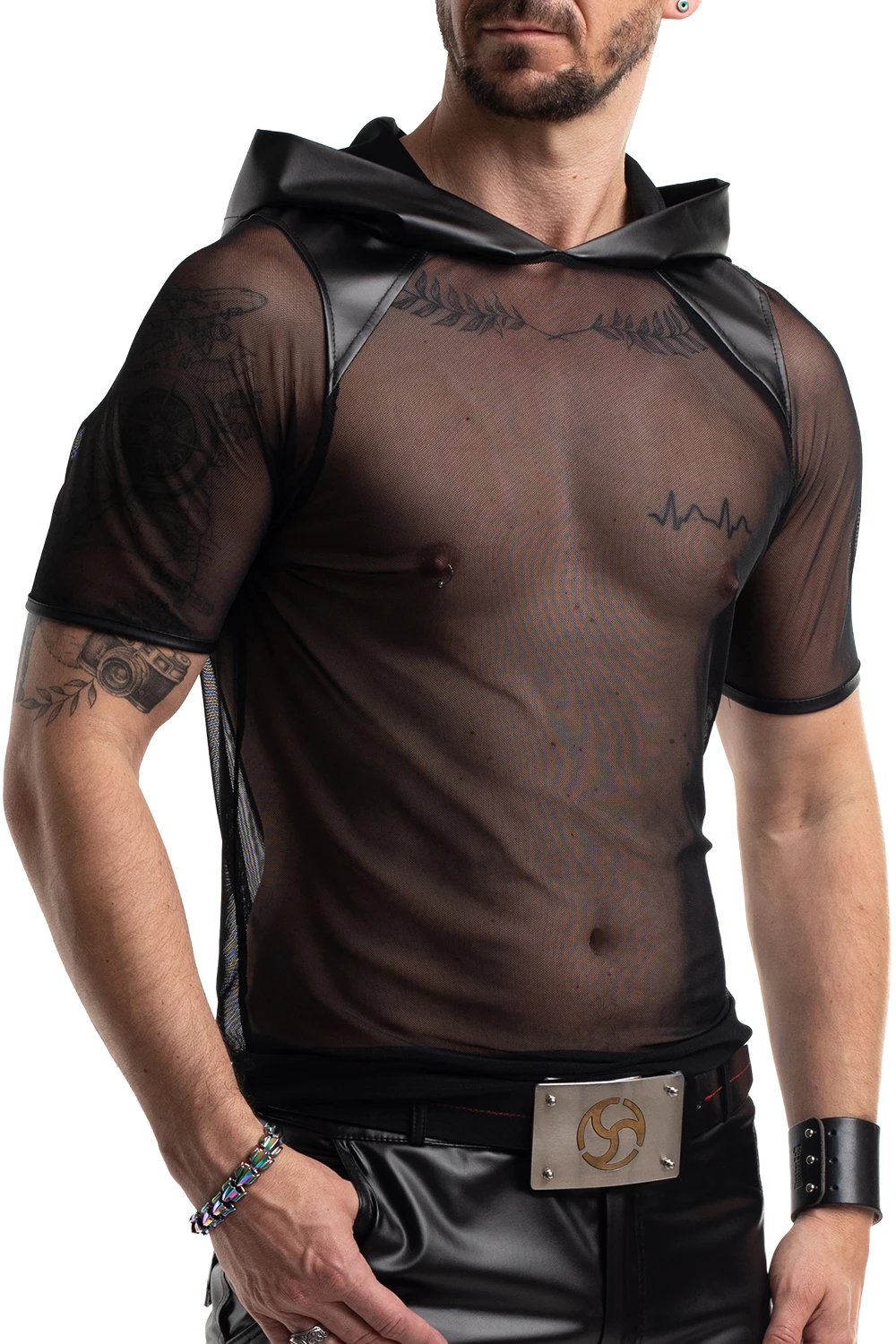 Herren Kapuzen-T-Shirt RMTito001 schwarz aus dehnbarem Mesh mit Wetlook-Kapuze Slim-Fit Netzshirt von Regnes Fetish Planet für markanten Style