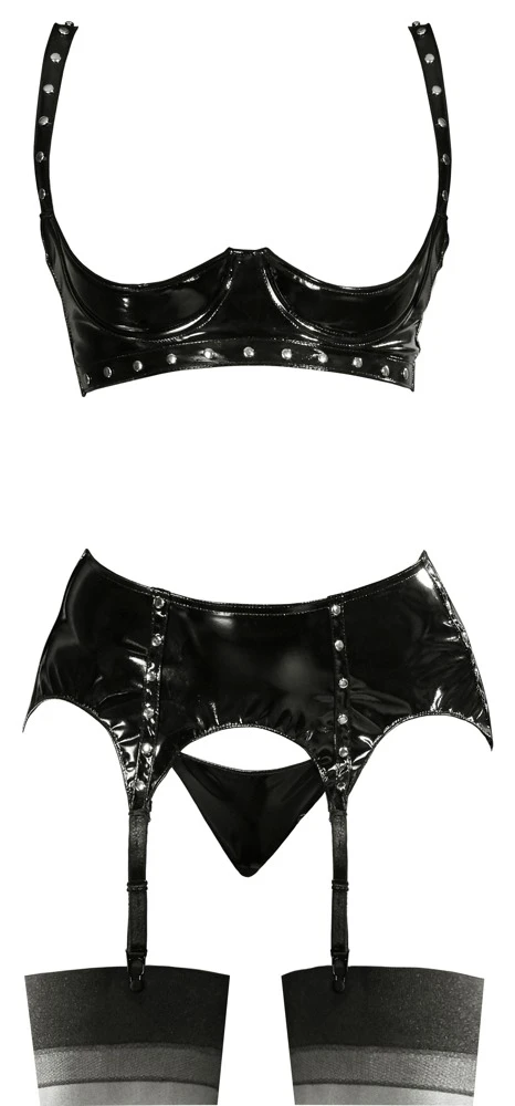 3-teiliges Set von Black Level bestehend aus leicht gefütterter Bügel-Hebe, Strapsgurt und String. Alles komplett im schwarzen Lackglanz.