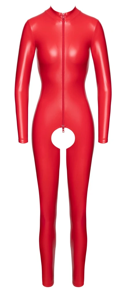 Roter Ouvert-Overall im Powerwetlook mit langem Reißverschluss, langen Armen und Beinen sowie offenem Schritt von Noir Handmade