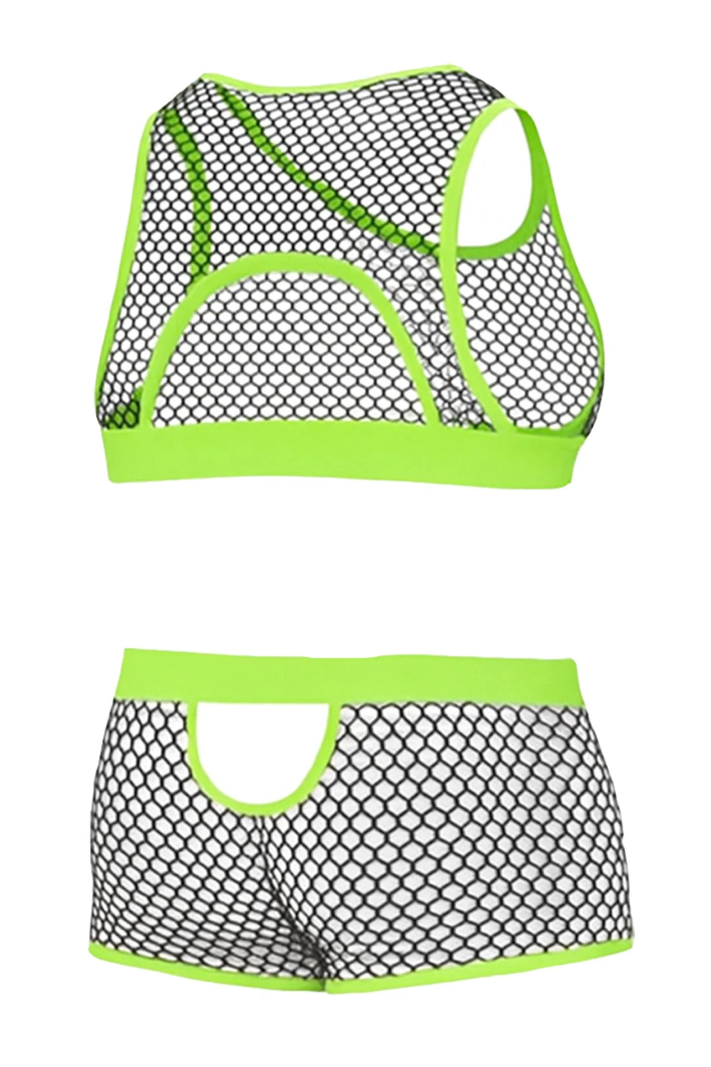 Neon Rave Set RAV116 aus grobem Netzmaterial mit auffälligen Neonbändern, markantem Lack-Suspensorium und provokantem Logo-Detail für selbstbewusste, sexy Unterwäsche-Momente