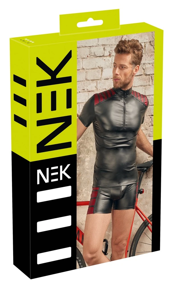 Schwarzes Shirt von NEK im trendigen Mattlook mit roten Streifen-Einsätzen auf der Schulterpartie.