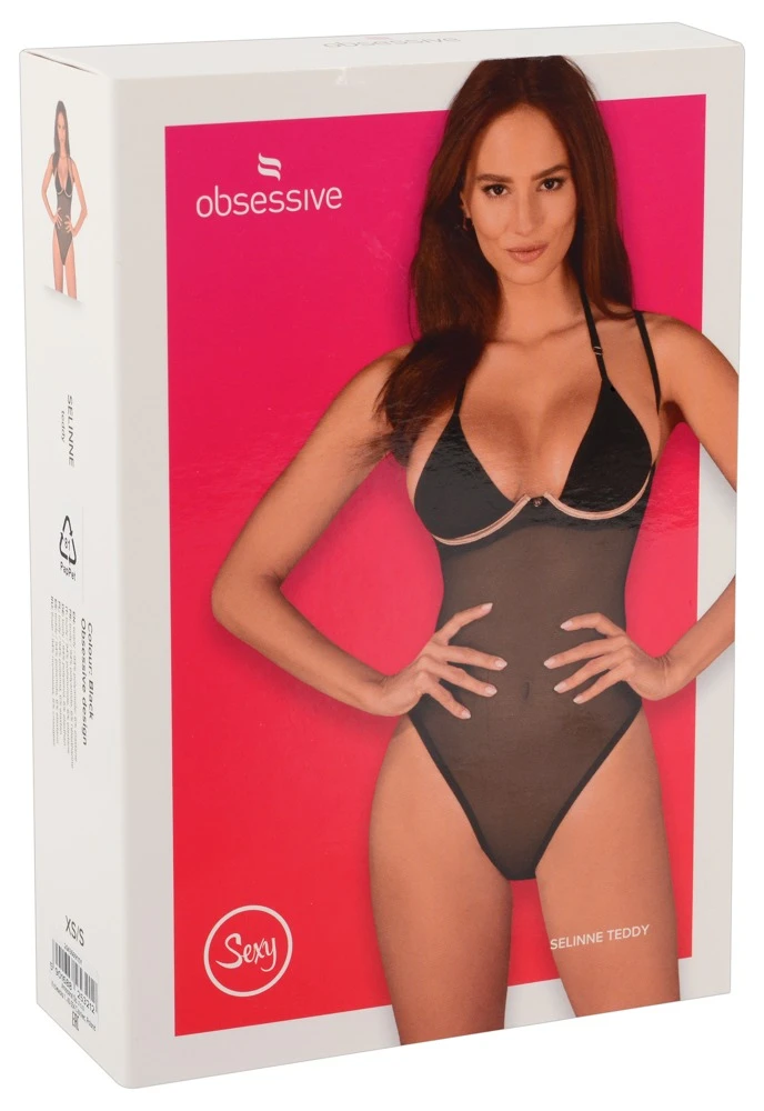 Obsessive Schwarzer eleganter Body Selinne aus feinem weichen Stretch-Netz. Blickdichte Cups aus softer Mikrofaser mit Cup-Bügeln in Kontrastfarbe Rosa.