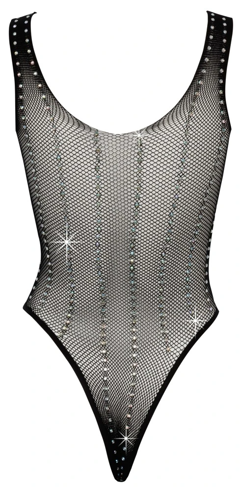 Rundum schillernder Body von Cottelli FANTASY aus feinen weichen Netzmaschen mit Strassbesatz in Längsstreifen-Optik.