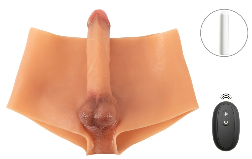 Vibrating Penis Pants Liquid, Silikon-Pants mit Vibro-Penis und Hoden in ultra realistischer Optik mit herausnehmbarem Vibrator und 10 kraftvollen Modi