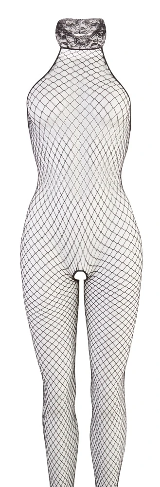 Hochgradig erregender Einteiler aus schwarzem Stretch-Netz mit Spitzen-Halsband. Im Schritt mit kleiner Lust-Öffnung.