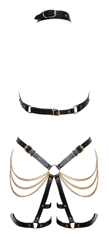 2-teiliges Harness-Set von ZADO mit Neckholder-Top und Jock mit Schenkelriemen.  Beide Teile aus schwarzen Lederriemen mit goldschillernden Ketten.