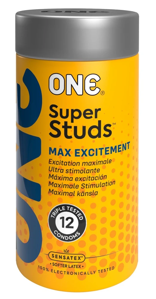 ONE Super Studs 12er, ONE Super Studs transparente Kondome mit extragroßen Noppen aus ultraweichem Sensatex-Latex für intensive Stimulation, maximalen Genuss und natürliches Gefühl beim Liebesspiel