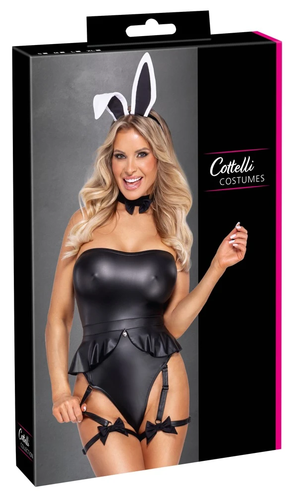 Cottelli Bunny-Kostüm-Set im stilvollen Mattlook mit schulterfreiem Straps-Body, Halsband, Haarreif mit Ohren und sexy Details