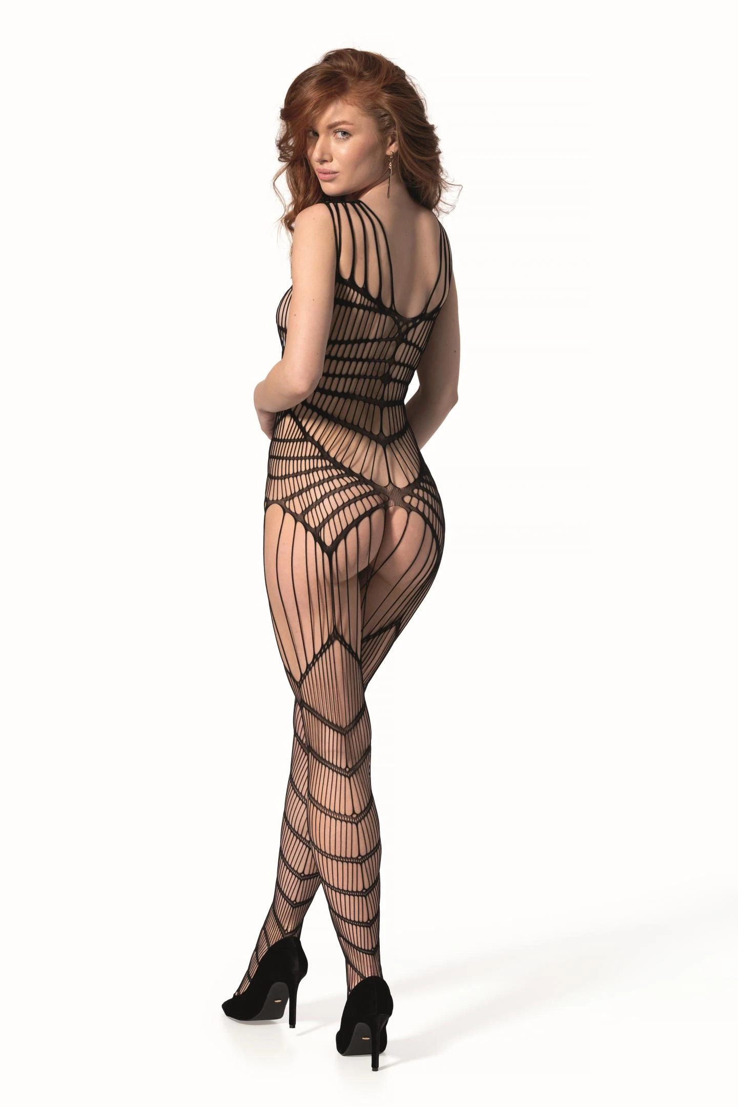 Schwarzer Ouvert Bodystocking BS102, Verführerischer Bodystocking aus elastischem Netzmaterial mit Schrittöffnung