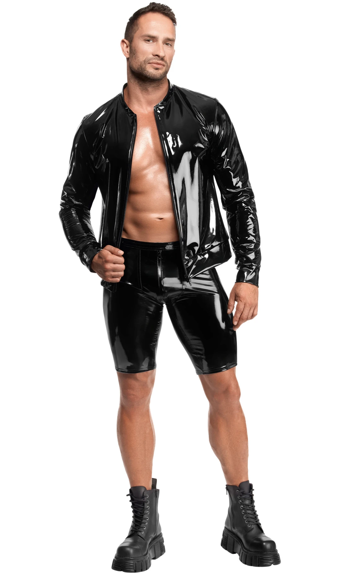 Schwarze Kinky Lack Shorts Voltage H094 – • dehnbares glattes Material • 2-Wege Reißverschluss • hochglänzende Biker-Passform • eng anliegend für maximale Bewegungsfreiheit von Noir Handmade Men