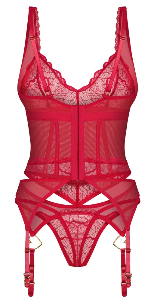 Verführerisches Strapshemd und String Set Cupide Desir von Obsessive in Rot mit Spitzen, goldenen Schmuckdetails und verstellbaren Trägern Verführerisches Strapshemd und String Set Cupide Desir von Obsessive in Rot mit Spitzen, goldenen Schmuckdetails und verstellbaren Trägern