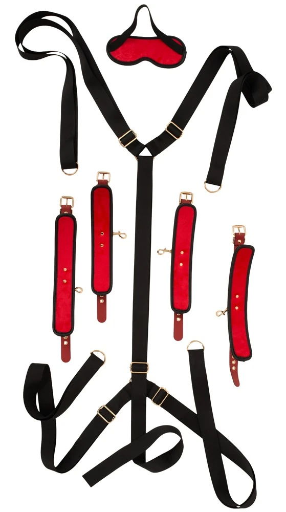 Bad Kitty Under Bed Restraint, Erotisches 6-teiliges Bettfessel-Set schwarz/rot Luxus Bondage Gurtkreuz 4-Punkt Fixierung mit Augenmaske verstellbar komfortabel