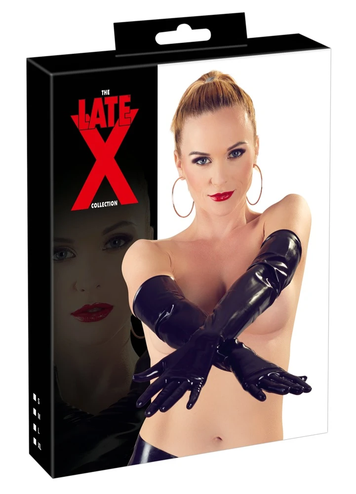 Ellbogenlange Handschuhe aus glänzendem Latex in schwarz.